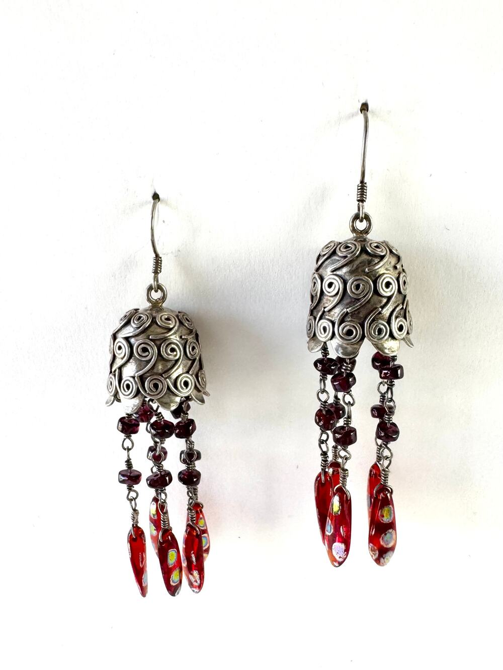 Garnet & Glass Dagger Beaded Dangly Handmade Sterling 925 Silver Earrings